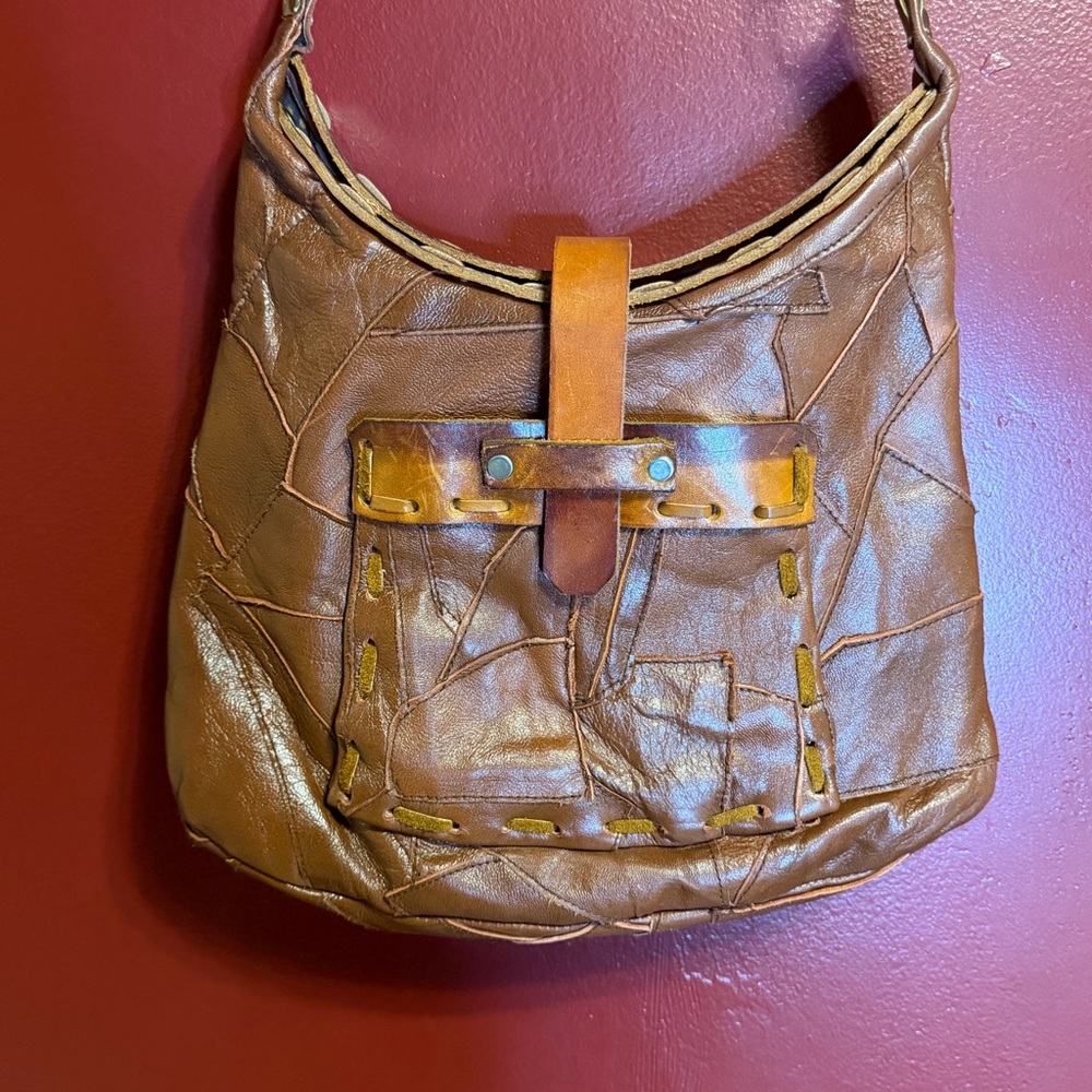 Patchwork brown leather purse medium shoulder bag retro‎ vintage boho western